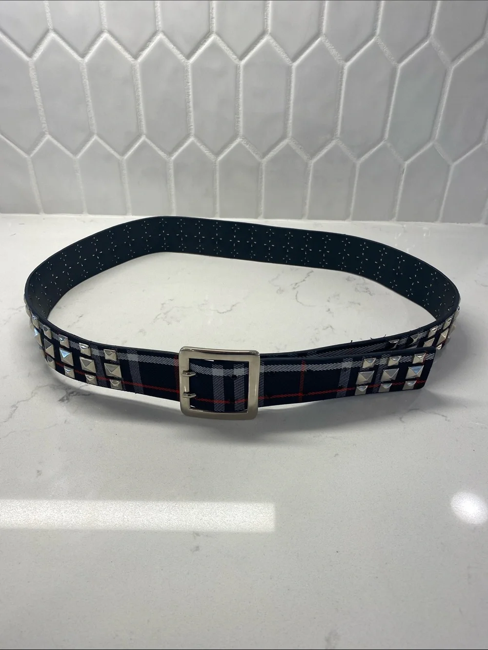 No Boundaries Plaid Studded Belt Large Adjustable Women's Edgy Style Punk Goth